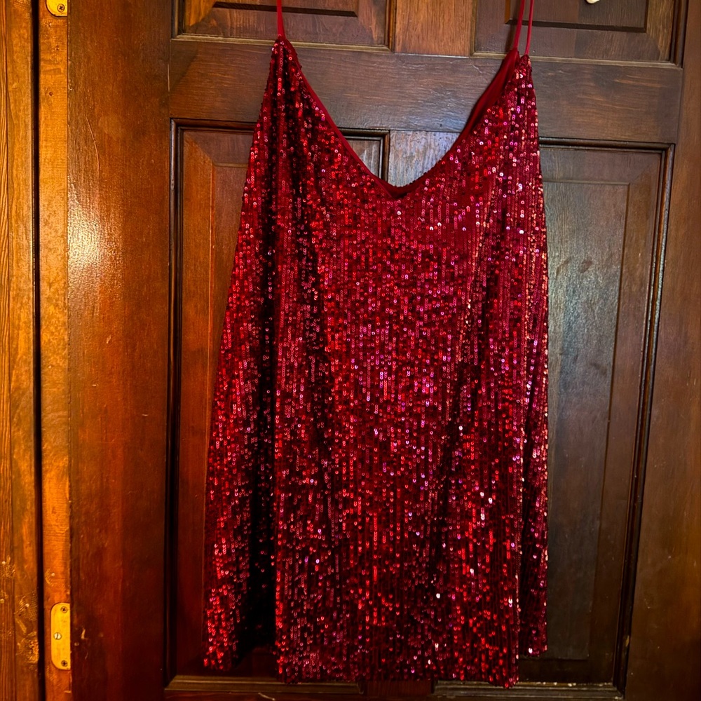 Calvin Klein Plus Size V-Neck Sleeveless Sequin Top 2X/2G/2TG Tank Top, Red